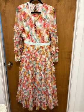 594. Mac Duggal Floral Ruffle Tiered Midi Dress in Pink, Yellow, Blue